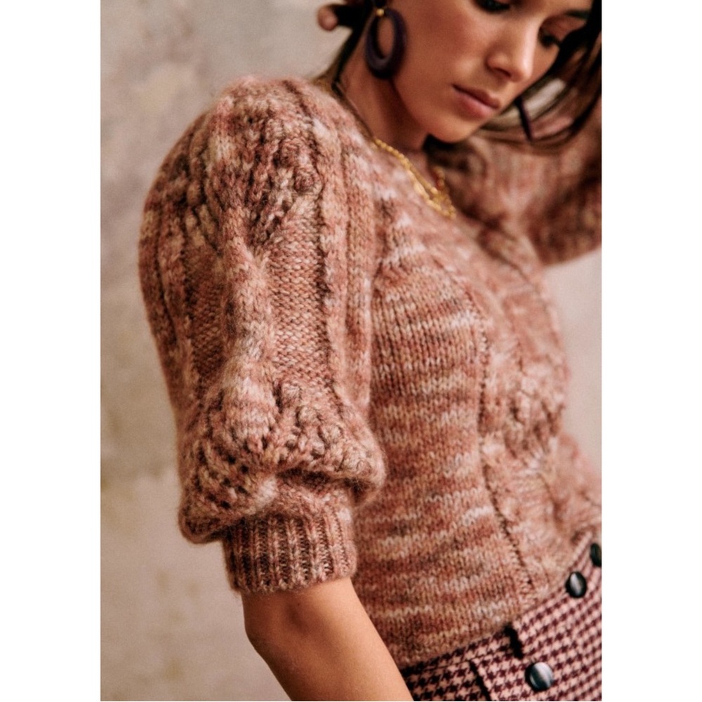 SEZANE Red Mohair Wool Cable Knit Short 3/4 Puff Sleeve Sweater Giulia Jumper XS - Picture 4 of 12